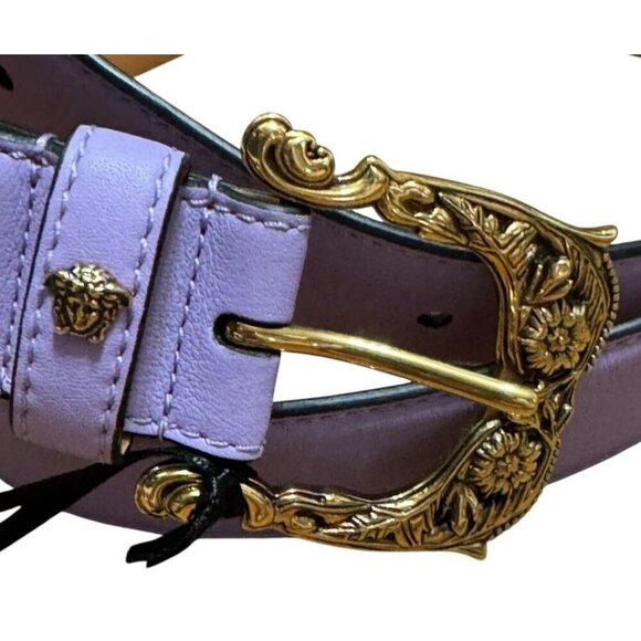 VERSACE Baroque Medusa Leather Belt Purple Gold Sz 95 / 38 Designer Luxury - Picture 4 of 11